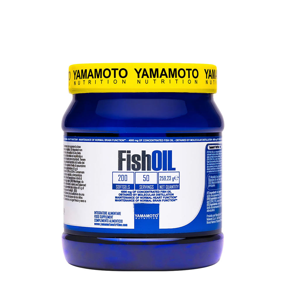 Yamamoto Nutrition Fish OIL supplement jar, featuring molecular distillation benefits for heart and brain health.