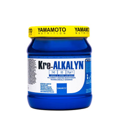 Yamamoto Nutrition Kre-ALKALYN® creatine supplement in a blue jar with yellow lid, promoting enhanced stability and absorption.
