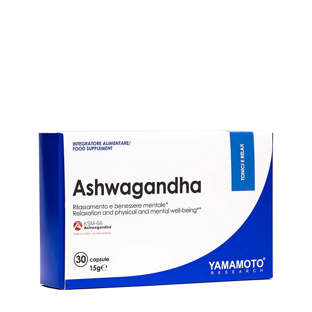 Yamamoto Nutrition Ashwagandha KSM-66® supplement box with 30 capsules for relaxation and well-being.