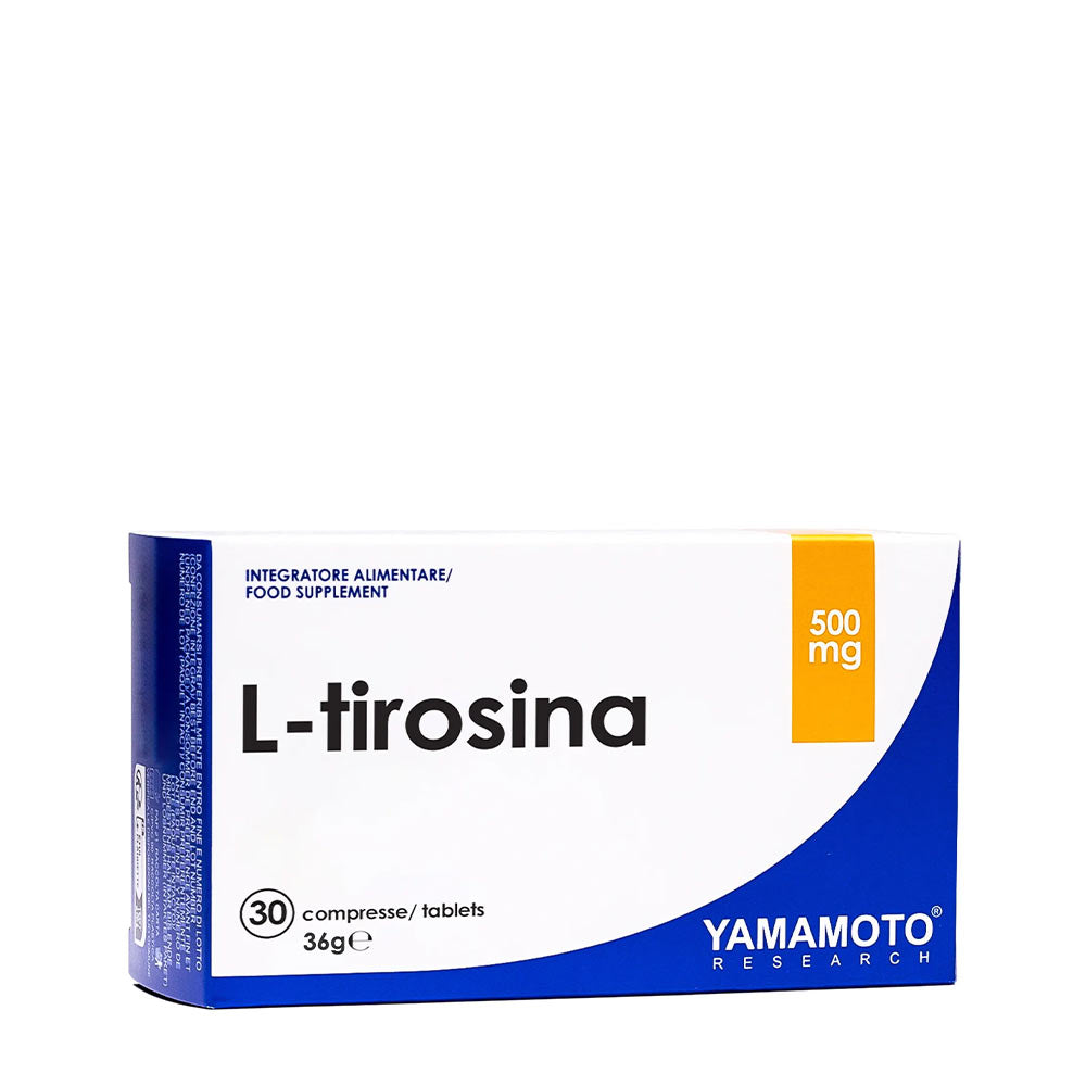 Yamamoto Nutrition L-Tirosina 500 mg supplement box with 30 tablets for mental well-being and stress support.