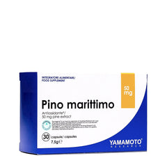 Yamamoto Nutrition Pino Marittimo 50 mg pine extract supplement box with 30 capsules for skin and joint health.