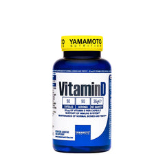 Yamamoto Nutrition Vitamin D supplement bottle with 90 capsules, 25 mcg of vitamin D per capsule for bone and immune health.