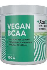 AbsoRICE Vegan BCAA in green apple flavor, 300g tub, featuring 10g BCAA per serving and natural coloring.