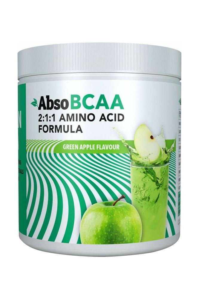 AbsoRICE Vegan BCAA 300g in green apple flavor, featuring 2:1:1 amino acid formula for fitness enthusiasts.