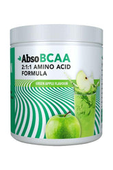 AbsoRICE Vegan BCAA 300g in green apple flavor, featuring 2:1:1 amino acid formula for fitness enthusiasts.