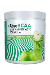 AbsoRICE Vegan BCAA 300g in green apple flavor, featuring 2:1:1 amino acid formula for fitness enthusiasts.