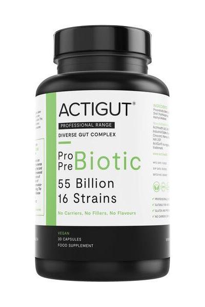 ActiGut ProPreBiotic supplement bottle with 55 billion probiotics and 16 strains for gut health.