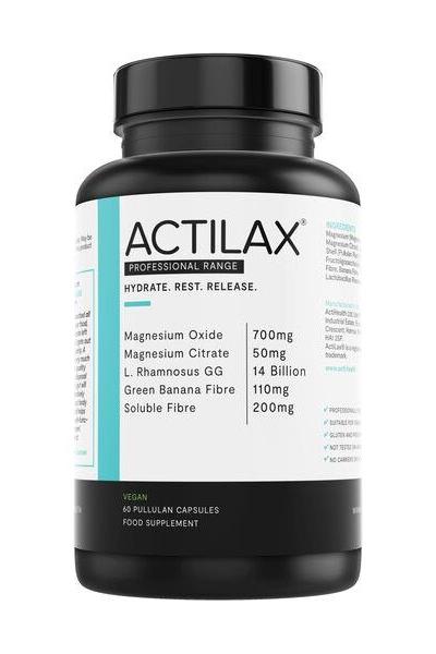 ActiHealth ActiLax supplement bottle for digestive health with magnesium oxide and vegan capsules.