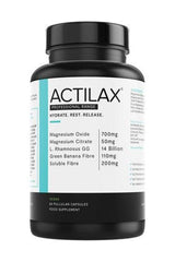 ActiHealth ActiLax supplement bottle for digestive health with magnesium oxide and vegan capsules.