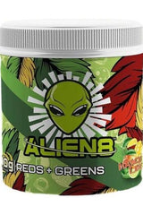 Alien8 Reds + Greens Mango Lime 300g, probiotic supplement for digestive health, vibrant packaging with leaf design.