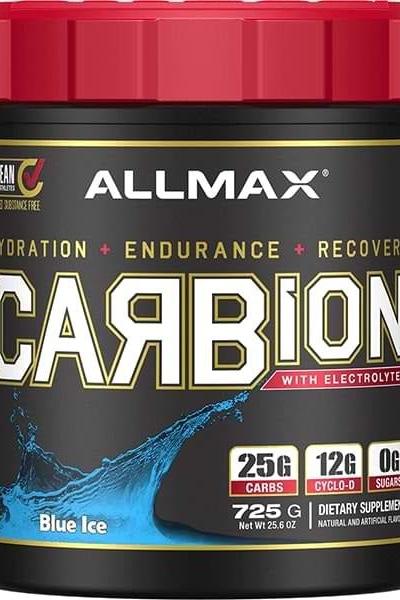 AllMax Nutrition Carbion+ blue ice flavor with electrolytes, enhances hydration and endurance for optimal training.