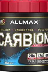 AllMax Nutrition Carbion+ blue ice flavor with electrolytes, enhances hydration and endurance for optimal training.