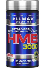 AllMax Nutrition HMB 3000 supplement bottle with 120 veggie caps for muscle growth and recovery.