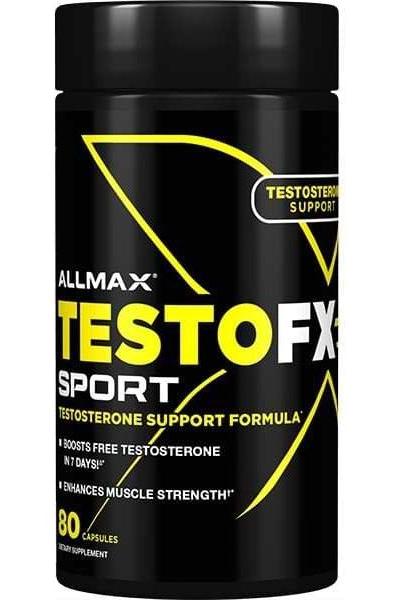 AllMax Nutrition TestoFX Sport supplement bottle with 80 capsules for testosterone support.