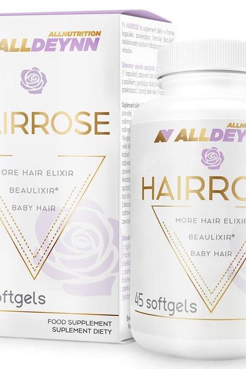 Allnutrition Alldeynn Hairrose supplement bottle featuring 45 softgels for hair health and growth support. Allnutrition Alldeynn Hairrose supplement bottle featuring 45 softgels for hair health and growth support.
