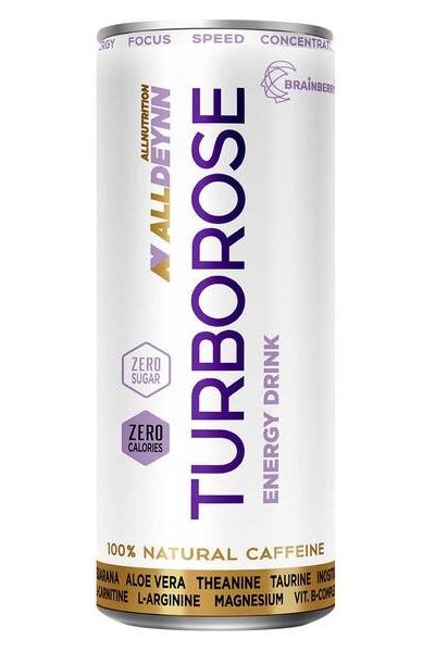 ALLDEYNN TURBOROSE energy drink can featuring zero sugar, zero calories, and 100% natural caffeine.