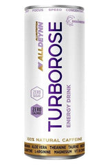 ALLDEYNN TURBOROSE energy drink can featuring zero sugar, zero calories, and 100% natural caffeine.