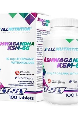 AllaNutrition Ashwagandha KSM-66 bottle and packaging, 100 tablets for stress relief and balance.