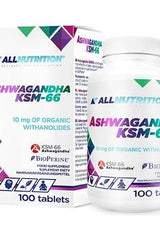 AllaNutrition Ashwagandha KSM-66 bottle and packaging, 100 tablets for stress relief and balance.