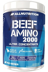 Allnutrition Beef Amino 2000 container with label highlighting muscle growth and recovery benefits.