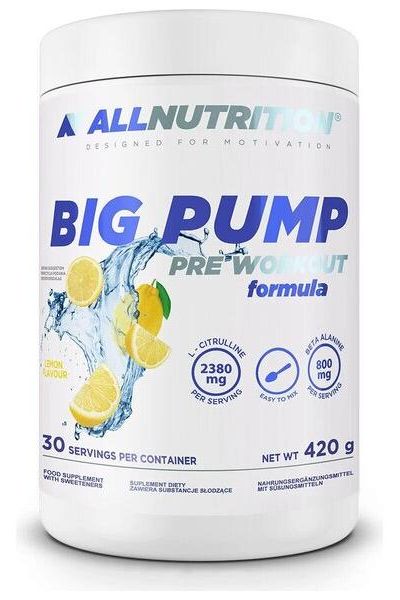 Allnutrition Big Pump Pre-Workout supplement container with lemon flavor, 30 servings, 420g.
