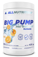 Allnutrition Big Pump pre-workout powder in orange flavor, 420g container with 30 servings.