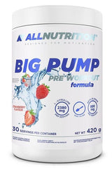 Allnutrition Big Pump pre-workout supplement in strawberry flavor, 420g, designed for enhanced performance.