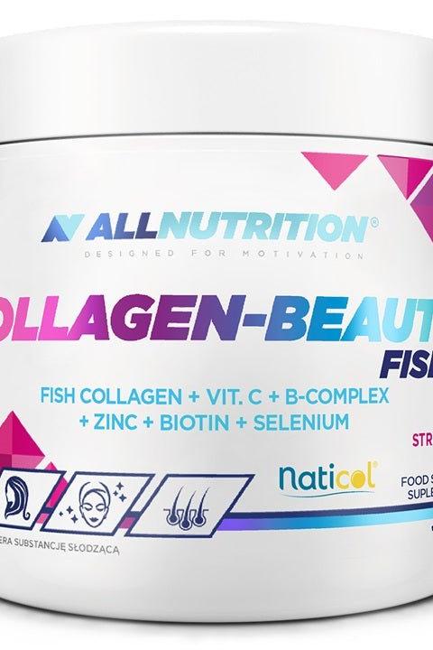 Allnutrition Collagen-Beauty Fish supplement with fish collagen, vitamins, zinc, and biotin for healthy skin and hair.