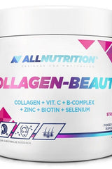 Allnutrition Collagen-Beauty supplement for healthy hair, skin, and nails with biotin, zinc, and selenium.