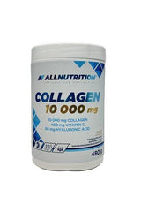 Allnutrition Collagen 10 000 mg supplement jar with 10,000 mg collagen and added vitamin C and hyaluronic acid.