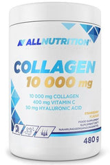 Allnutrition Collagen 10 000 mg supplement with strawberry flavor, 480g container, high in vitamin C and hyaluronic acid.