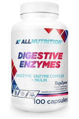 Allnutrition Digestive Enzymes supplement bottle with 100 capsules, featuring DigeZyme enzyme complex for digestive support.