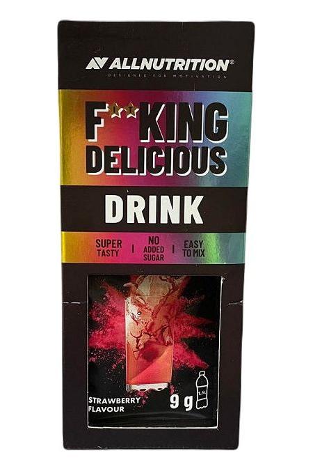 Allnutrition Fitking Delicious Strawberry Drink powder mix packaging, 9g, low calorie and easy to use.