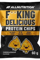 Allnutrition Fitking Delicious Protein Chips Cheese & Onion flavor, vegan-friendly, high protein snack with no added sugar.