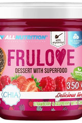 Allnutrition Frulove superfood dessert with chia, strawberry, and raspberry, no added sugar, vegan snack.