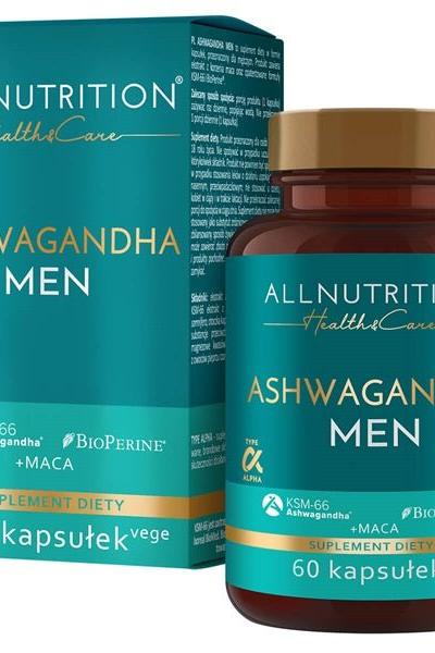 Allnutrition Health & Care Ashwagandha Men supplement bottle and box, 60 vegan capsules for stress relief.