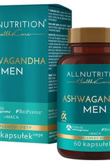 Allnutrition Health & Care Ashwagandha Men supplement bottle and box, 60 vegan capsules for stress relief.