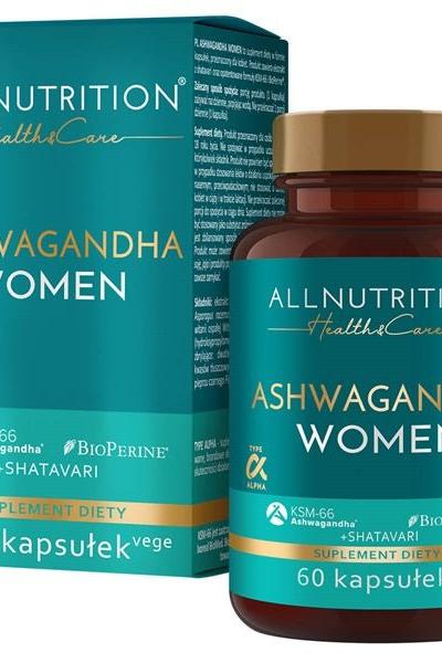 Allnutrition Health & Care Ashwagandha Women supplement, 60 vegan capsules for PMS relief and hormonal balance.