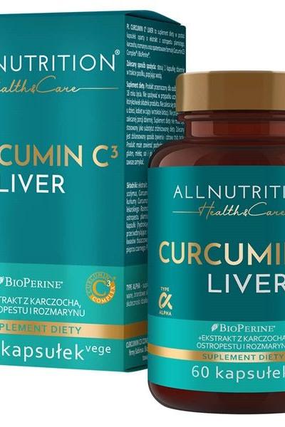 Allnutrition Curcumin C3 Liver supplement bottle and box, featuring 60 vegan capsules for liver health.