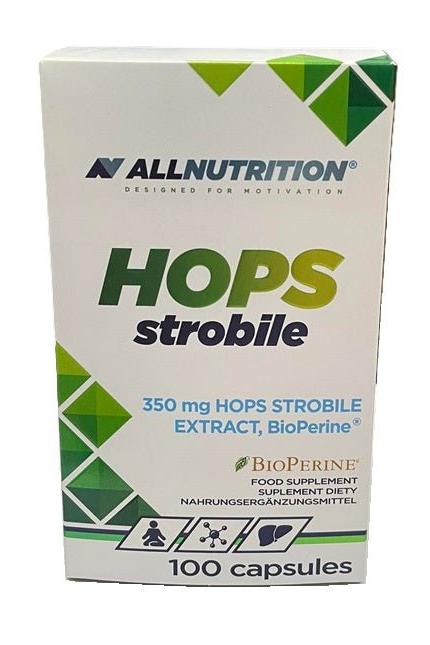 Allnutrition HOPS Strobile supplement box with 350 mg hops extract and BioPerine, containing 100 capsules.