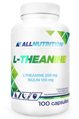 Allnutrition L-Theanine 100 caps bottle, promoting relaxation and cognitive function, dietary supplement.