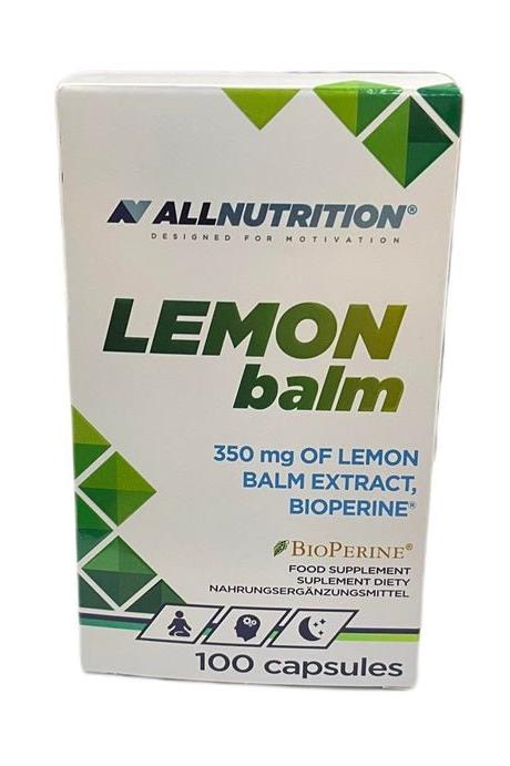 Allnutrition Lemon Balm supplement, 100 capsules, 350 mg lemon balm extract with BioPerine for enhanced absorption.