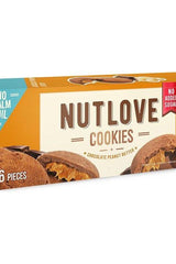 Allnutrition Nutlove Cookies box featuring chocolate peanut butter flavor, no added sugars, with delicious cookies inside.
