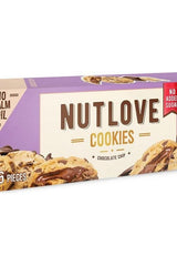 Allnutrition Nutlove Cookies box featuring chocolate chip flavor with no added sugar, highlighting delicious ingredients.