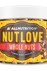 Nutlove Whole Nuts jar featuring almonds in milk chocolate by Allnutrition, 300g packaging.