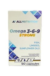 Allnutrition Omega 3-6-9 Strong supplement box with 90 capsules for heart and brain health.