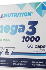 Allnutrition Omega 3 dietary supplement box containing 60 capsules for heart health and wellness.