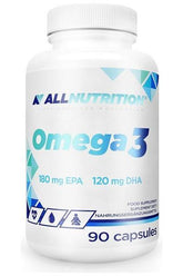 Allnutrition Omega 3 supplement bottle with 90 capsules, featuring 180 mg EPA and 120 mg DHA for health benefits.
