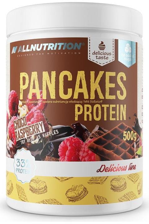 Allnutrition Pancakes Protein in chocolate raspberry flavor, 500g container, designed for muscle growth and recovery.