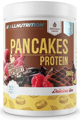 Allnutrition Pancakes Protein in chocolate raspberry flavor, 500g container, designed for muscle growth and recovery.
